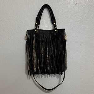 B-Low the Belt Black and Gold Fringe Crossbody Bag